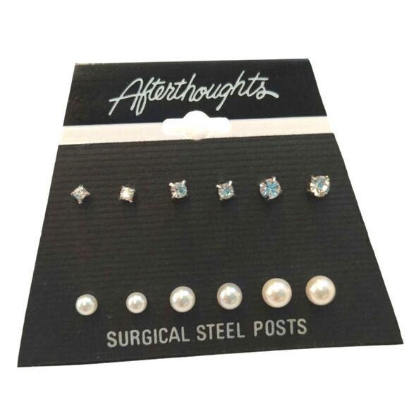 Aftertoughts 6 Pairs of Dainty Stud Earrings Pearls & Round Cut Crystals Posts - Picture 1 of 2